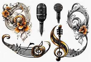 Microphone cord that wraps into tail of G clef on a music score tattoo idea