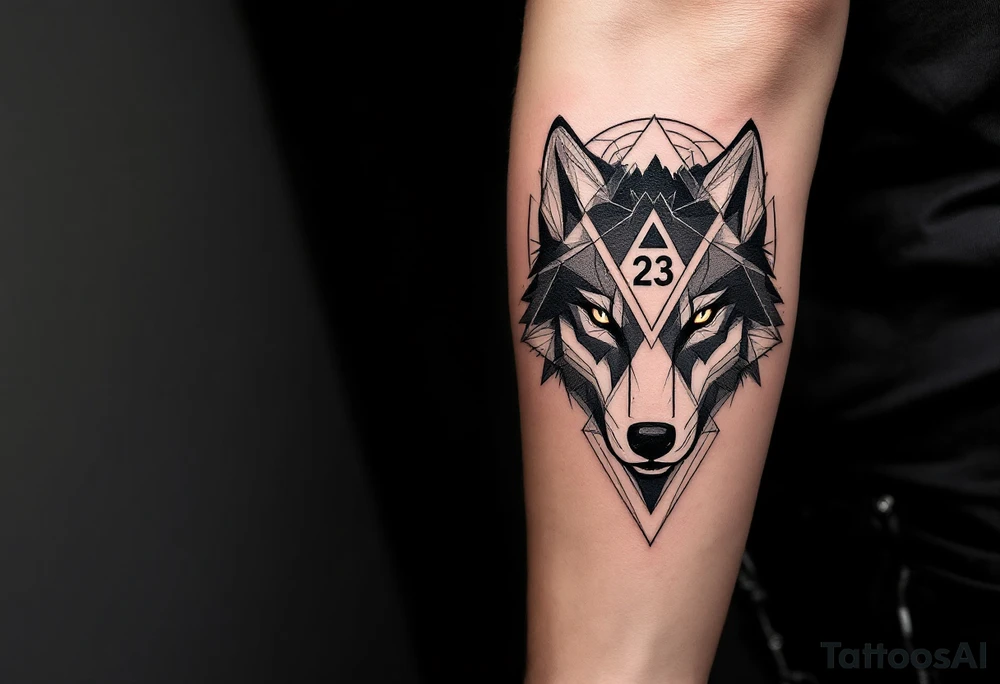 **Tattoo Description for the Left Arm**

The tattoo should be a half-sleeve on the left forearm, in black and gray with simple geometric details and realistic shading.

### **Key Elements:**

1. **Wolf Eyes (Partial)**  
   - Partial wolf eyes with a strong, focused gaze.  
   - Geometric lines to suggest instinct, leadership, and strength.

2. **Number 23**  
   - The number 23 placed near the eyes or subtly in the design.

3. **Mountain or Peak**  
   - A simple mountain above the eyes, representing ambition and the goal of becoming a millionaire by age 37.

4. **Three Interwoven Triangles**  
   - Three interlocked triangles below the eyes, symbolizing family connection and brotherhood.

5. **Motion Lines**  
   - Clean lines suggesting movement, speed, and a dynamic personality.

6. **Nürburgring Curves**  
   - Subtle, abstract curves in the background inspired by the Nürburgring circuit, representing a passion for motorsport.

### **Overall Composition:**
- The wolf's eyes as the central focus.  
- Balanced design with clean lines and smooth shading.
- Geometric and minimalistic style.

This tattoo should convey ambition, strength, growth, family, and a passion for motorsport. tattoo idea