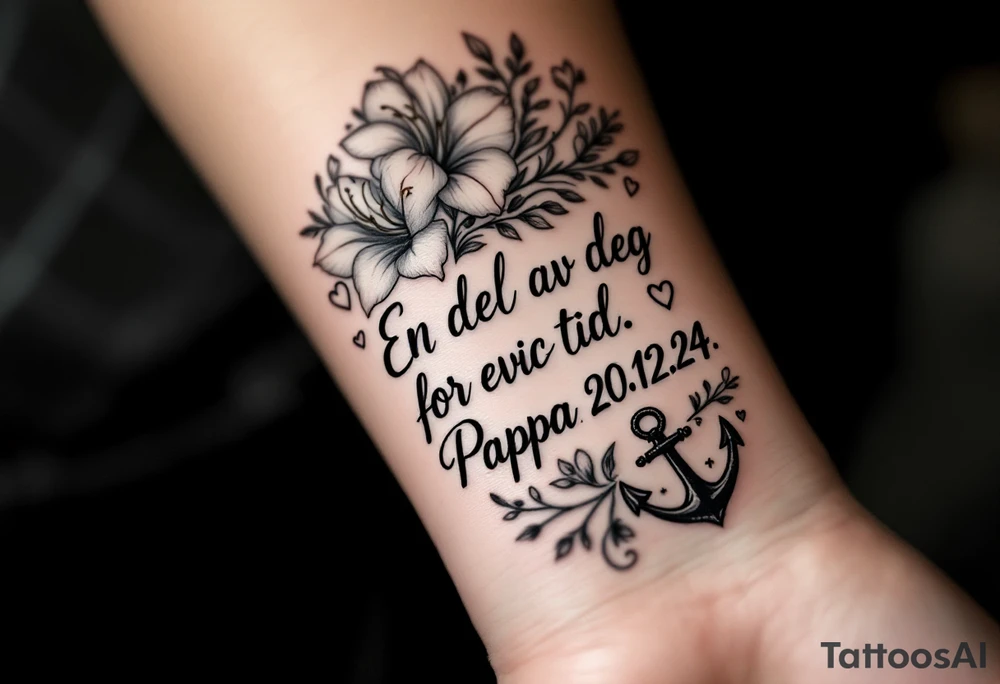 Make a quotes that says: En del av deg for evig tid. Pappa 20.12.24. Surround the quote with realistic gladiolius, notes, hearts and an anchor tattoo idea