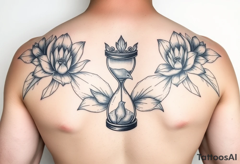 Lotus flower with broken hour glass that turns into birds tattoo idea