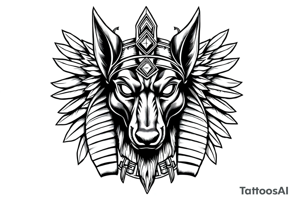 Egyptian Anubis god face muscle in Egypt style  with mantle on head with empty eyes 

dog face surrounded Egyptian symbols based on elements tattoo idea