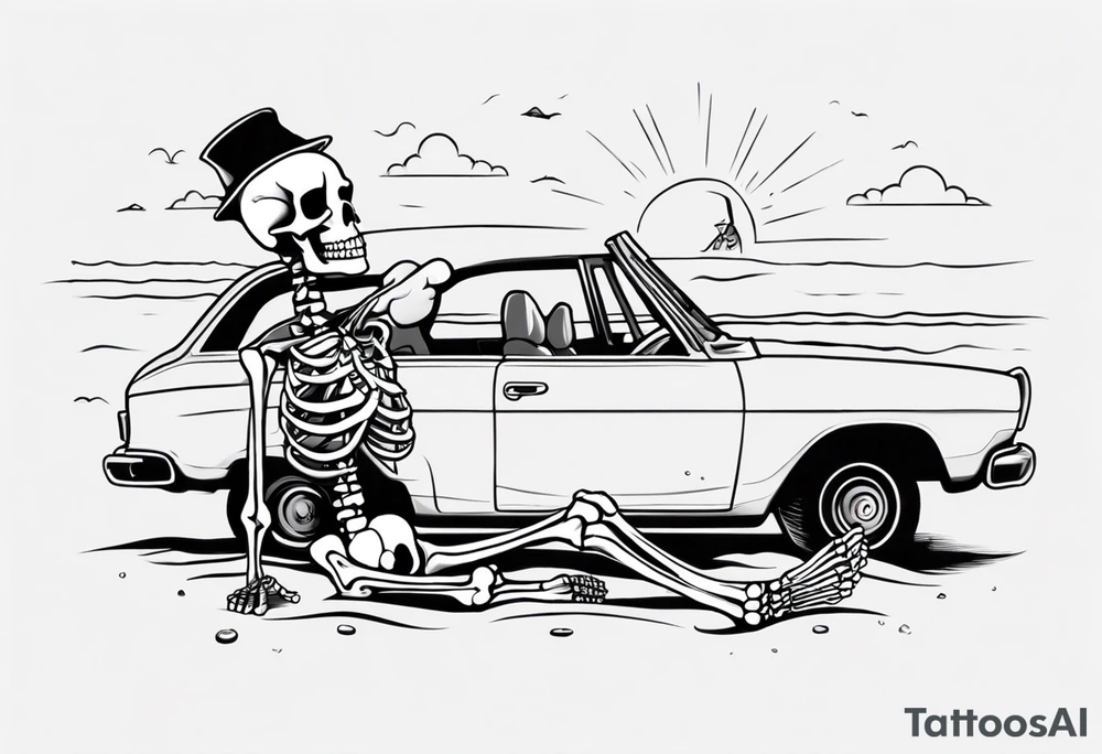 A skeleton sitting in a car on the beach drinking a beer tattoo idea A skeleton sitting in a car on the beach drinking a beer tattoo idea