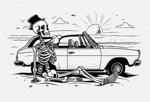 A skeleton sitting in a car on the beach drinking a beer tattoo idea