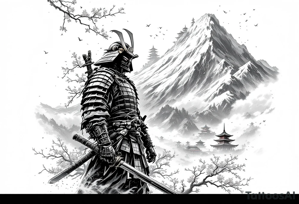 samurai standing at the base of a mountain in japan with cherry blossoms and japanese structures in the background tattoo idea