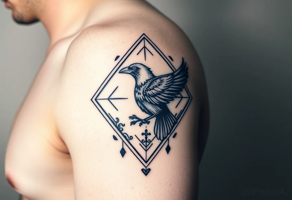 Diamond Geometric design with dotted lines and other designs with big crow extended in the center with dark shading for forearm tattoo idea