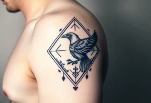 Diamond Geometric design with dotted lines and other designs with big crow extended in the center with dark shading for forearm tattoo idea