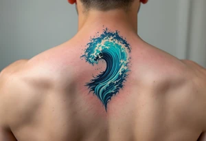 A crashing ocean wave in shades of emerald and cobalt crashes down the spine. tattoo idea