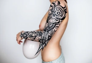shaman style mytical bold line with rhyme tattoo idea