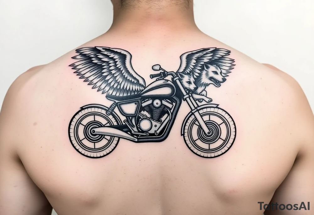 a motorcycle on it with guardian angel wolves on the bike tattoo idea