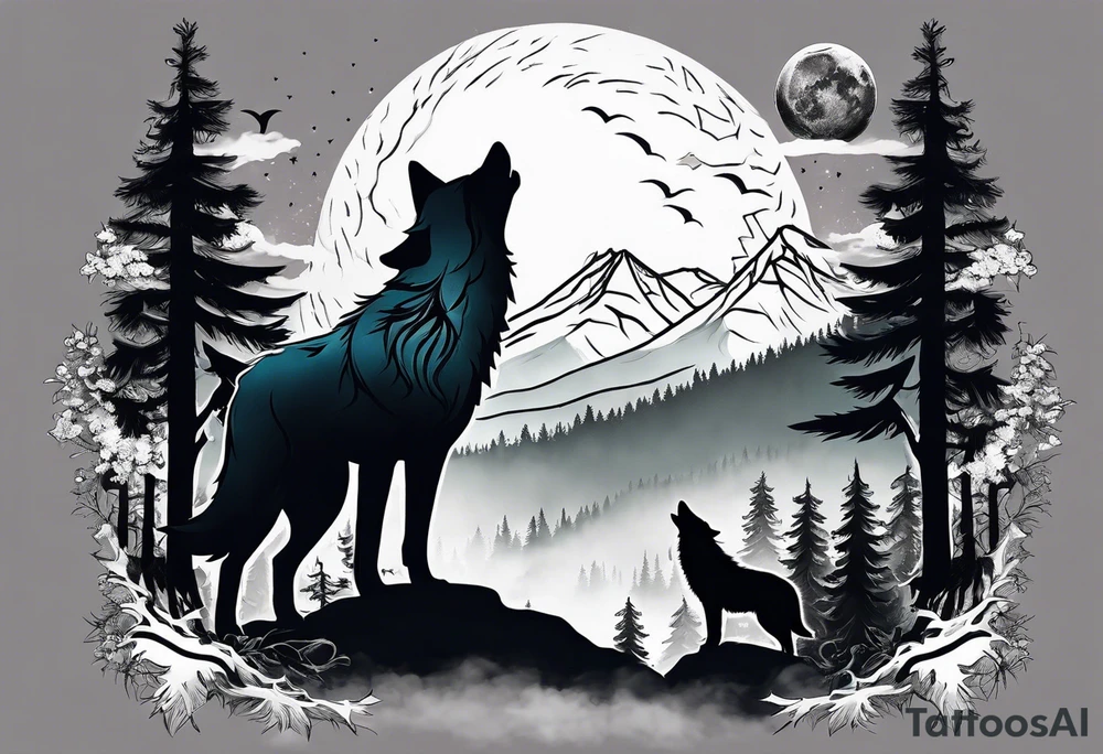 Half sleeve
Two wolves
Dark woods
Mountain peaks
Moon
Path tattoo idea