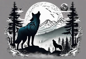 Half sleeve
Two wolves
Dark woods
Mountain peaks
Moon
Path tattoo idea