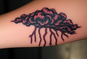 Dark, black menacing storm clouds with creepy red bolts of lightning & heavy rain coming down tattoo idea