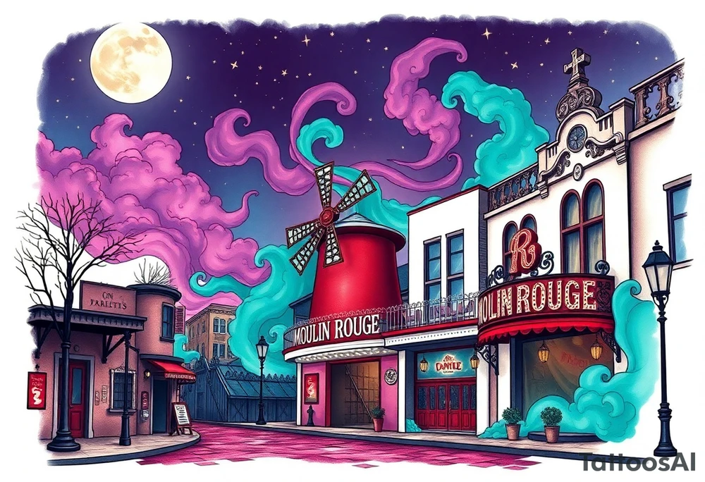 Tim Burton’s moulin Rouge from outside view is the street abandoned and dripping with muted reds, dusty pinks, and eerie green glow purple and cyan smokey clouds swirl and dance in the moonlit night sky filled with twinkling stars  tattoo idea tattoo idea
