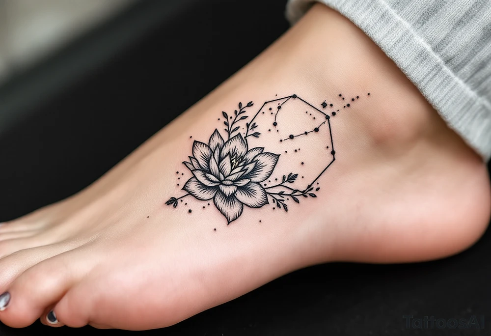 Hexagon with larkspur, water Lilly and Leo constellation tattoo idea