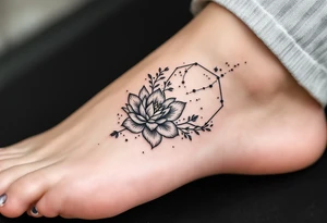 Hexagon with larkspur, water Lilly and Leo constellation tattoo idea