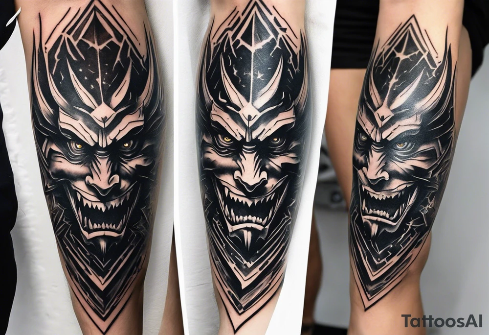A tattoo designed for the knee, featuring the face of a demon with sharp, exaggerated features and an intense, expressive look. The design includes prominent white spaces for contrast and visual impact. Beams of light radiate outward from the demon’s eyes in a dynamic and dramatic pattern. The overall composition should feel bold and intricate, adapting naturally to the shape of the knee. tattoo idea