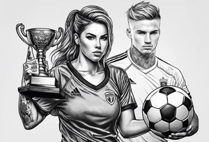 Woman warrior holding a soccer trophy in her hand and sensually wearing a soccer jersey. Holding a weapon in her other hand. tattoo idea