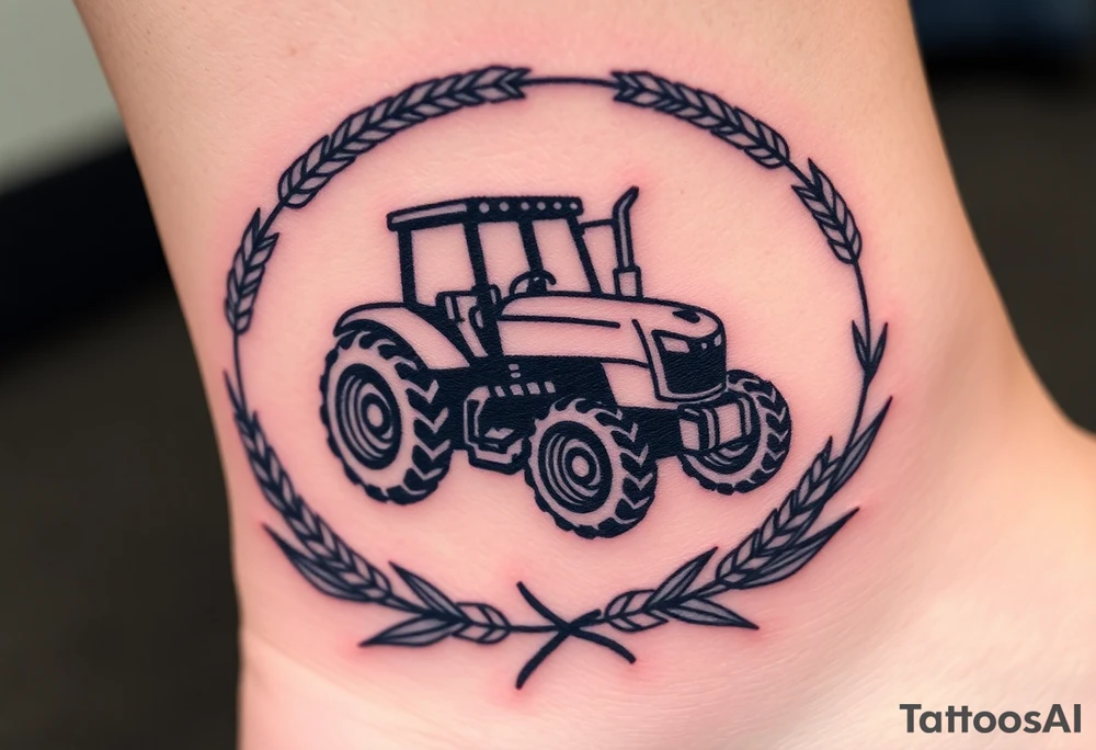 A tractor framed by a circular wreath of wheat and corn stalks, representing abundance and harvest. tattoo idea