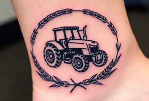 A tractor framed by a circular wreath of wheat and corn stalks, representing abundance and harvest. tattoo idea