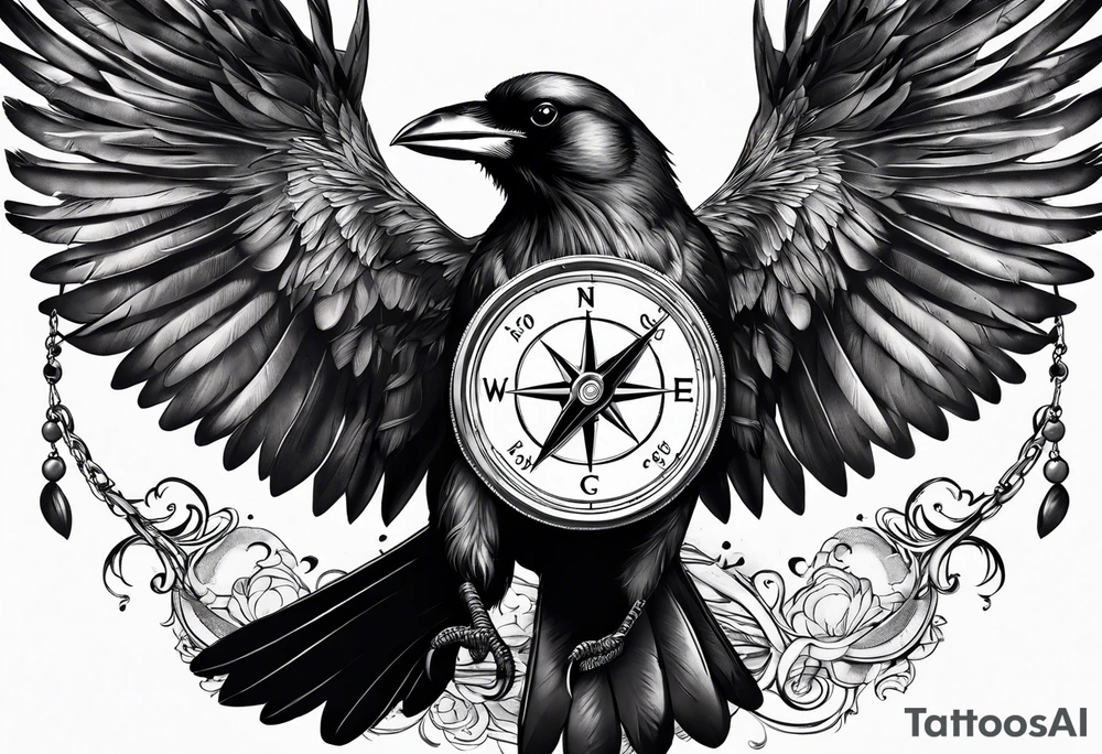 flying crow with compass tattoo idea