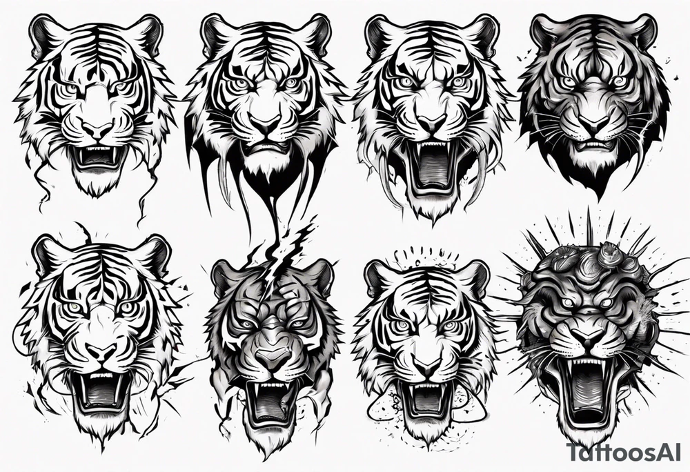 Ancient tiger with lightning and a sun for a forearm sleeve tattoo idea