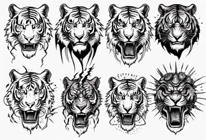 Ancient tiger with lightning and a sun for a forearm sleeve tattoo idea