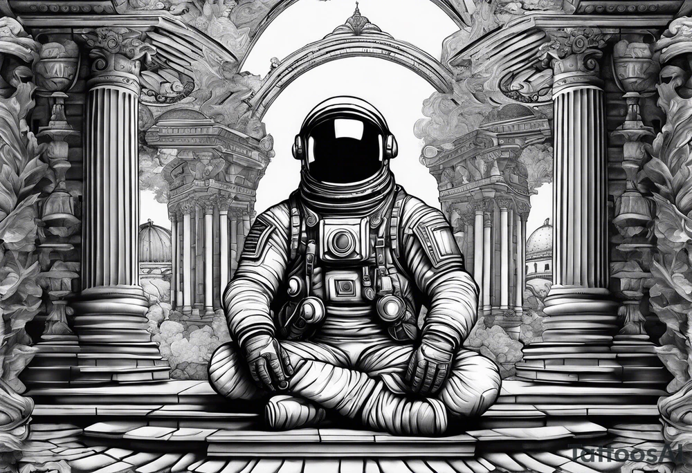 An astronaut meditating on a roman building tattoo idea