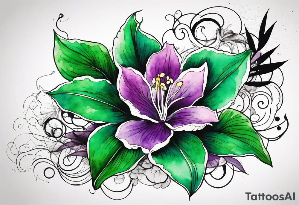 An outline of a green rio dipladenia flower and a green and purple watercolor splash in the background tattoo idea