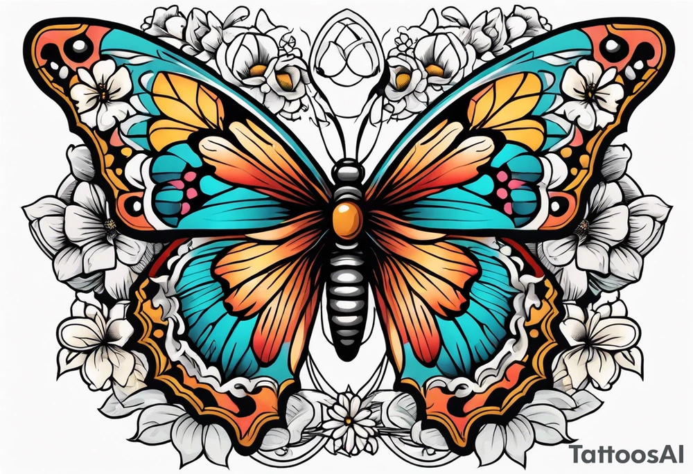 butterfly old school traditional vintage with flowers surrounding it tattoo idea