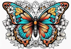 butterfly old school traditional vintage with flowers surrounding it tattoo idea