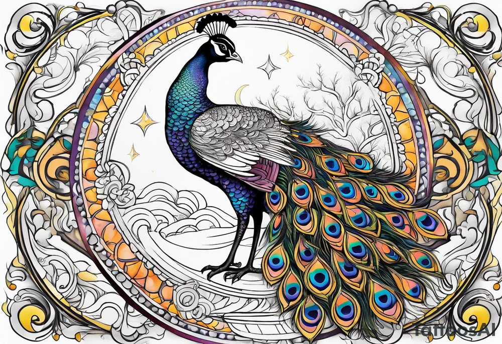beautiful peacock with moon tattoo idea