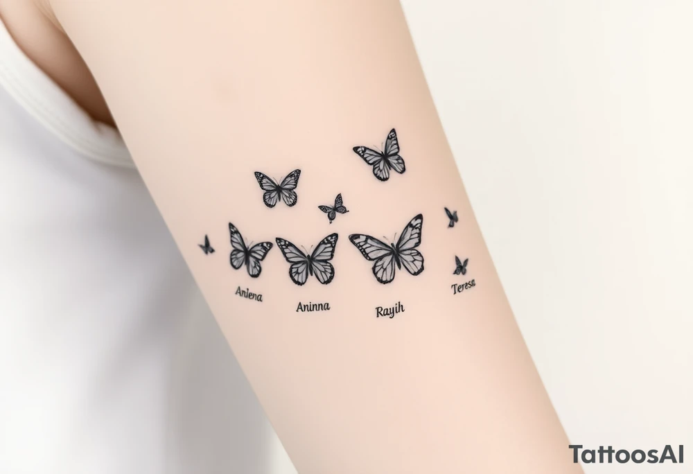Six different butterflies streaming down arm with six kids names Aden, Aninna, Novaih, Rayla, Jayla, Teresa tattoo idea