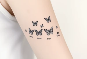 Six different butterflies streaming down arm with six kids names Aden, Aninna, Novaih, Rayla, Jayla, Teresa tattoo idea