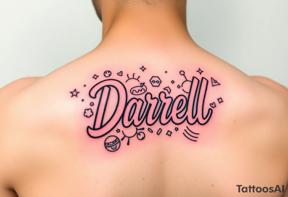 Feminine tattoo, neon colors, "Darrell" with lots of whimsical background tattoo idea