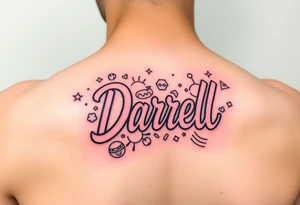 Feminine tattoo, neon colors, "Darrell" with lots of whimsical background tattoo idea