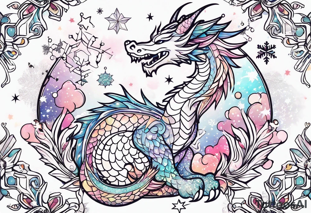 Constellation, kawaii dragon, snowflake tattoo idea