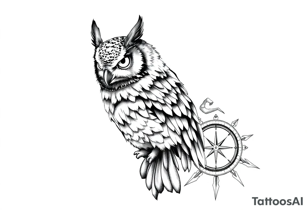 an owl,a compass,landscape. tattoo idea