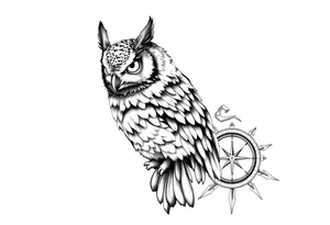 an owl,a compass,landscape. tattoo idea