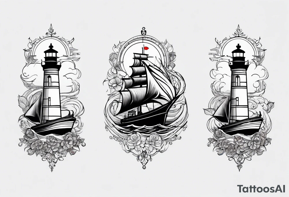 bateau, phare maritime, phoenix, rose des vents et lune bleu. tattoo idea