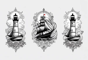 bateau, phare maritime, phoenix, rose des vents et lune bleu. tattoo idea