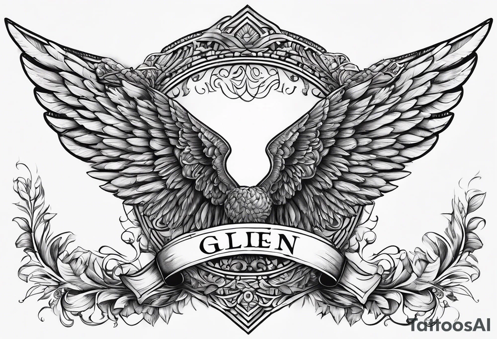 The word Glenn on a banner with angel Wings tattoo idea
