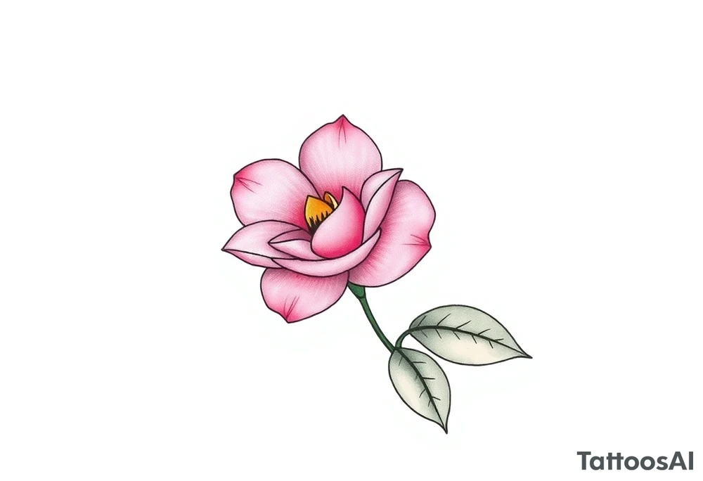 pink camelia flower with leaves and stem tattoo idea