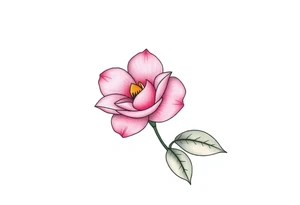 pink camelia flower with leaves and stem tattoo idea