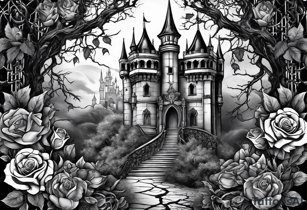 tattoo fool sleeve, dark gothic castle, tree roots break out of the chains, broken mask, roses tattoo idea