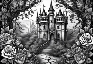 tattoo fool sleeve, dark gothic castle, tree roots break out of the chains, broken mask, roses tattoo idea