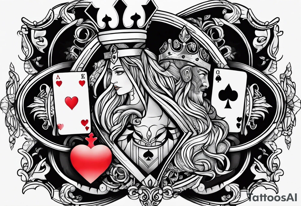 one combined tatto in minimalistic style with three king of spades and one queen of hearts tattoo idea