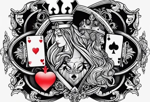 one combined tatto in minimalistic style with three king of spades and one queen of hearts tattoo idea