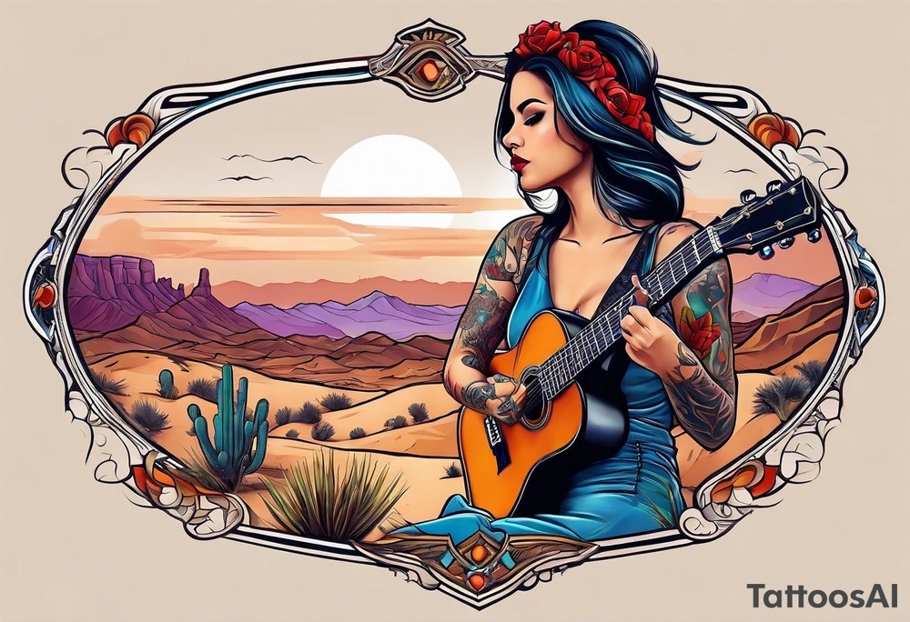 Desert scape. Guitar playing daughter tattoo idea