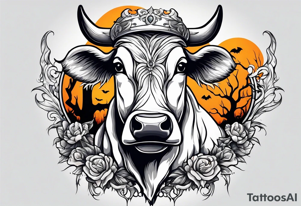 a humanoid cow dressed up like a ghost at halloween tattoo idea