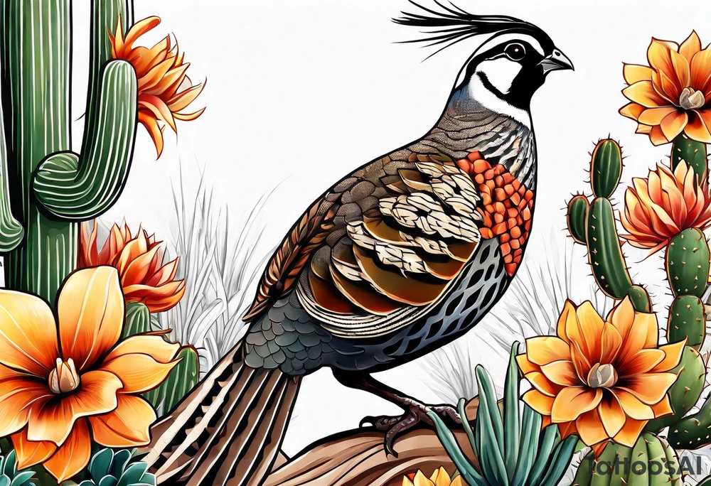 Three quails, desert flowers, cactus, ocotillo, tattoo idea